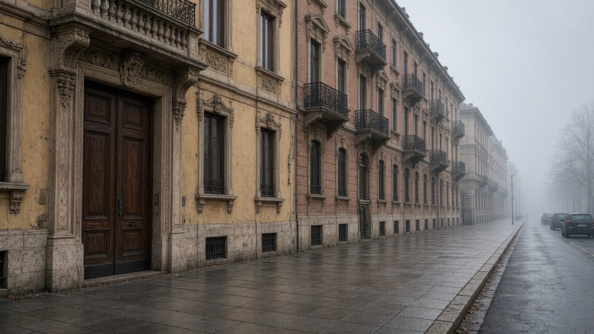 Via Aristotile Fioravanti a Bologna, nella nebbia del tardo pomeriggio